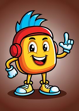 Cheerful Yellow Mascot with Headphones — Pointing Up Cartoon Character