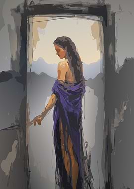 Woman in Purple Dress by Doorway