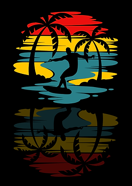 Surfing Silhouette with Palm Trees Reflection