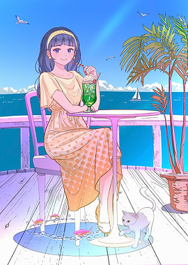 Anime Girl with Soda by the Sea