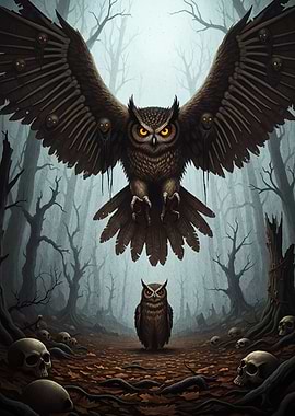 Eerie Owl Forest with Skulls