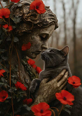 Statue with Cat and Red Poppies