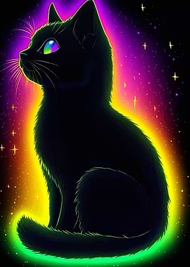 Neon Black Cat with Rainbow Eye
