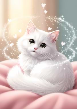 Cute White Cat with Hearts