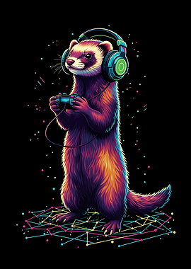 Gamer Ferret with Headphones and Controller