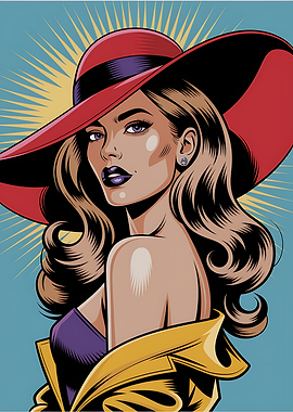 Elegant Woman in Red Hat Illustration Pop Art