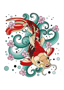 Koi Fish with Cherry Blossoms Illustration