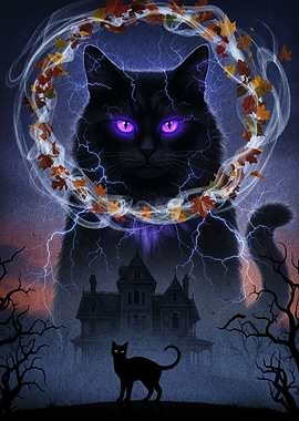 Mystical Black Cat with Haunted House