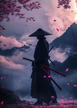 Samurai with swords in a landscape