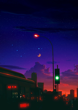 Night Cityscape with Bus and Stars