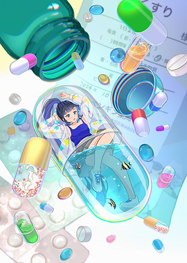 Anime Girl in Pill Capsule Illustration