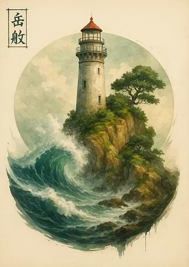 Lighthouse on Rocky Coastline with Waves
