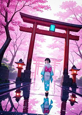 Anime Girl in Kimono at Torii Gate Cherry Blossom Sakura