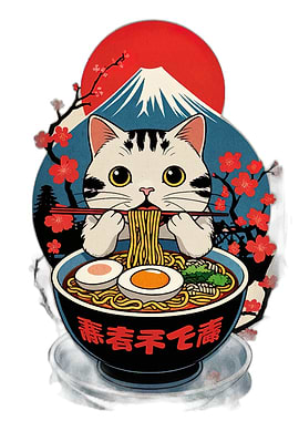 Cat eating ramen with Mount Fuji