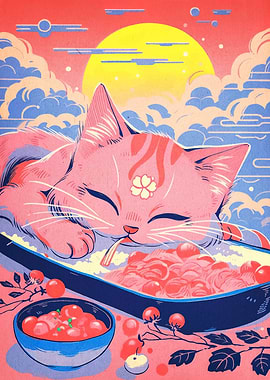 Cat eating spaghetti with tomatoes