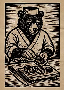 Bear Sushi Chef Woodcut Illustration