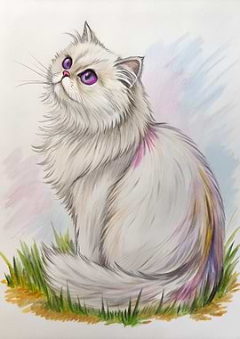 Elegant Persian Cat Illustration with Purple Eyes