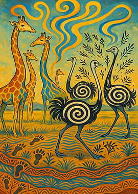 Giraffes and Ostriches in African Landscape
