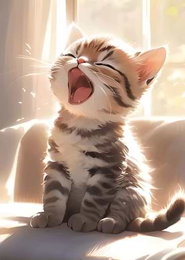 Cute Kitten Yawning in Sunlight