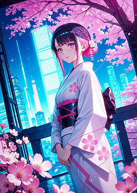 Anime Girl in Kimono with Cherry Blossoms Sakura Japan