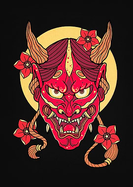 Hannya Mask with Flowers Illustration