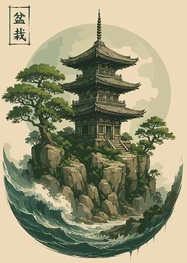 Japanese Pagoda on Cliff with Ocean Waves
