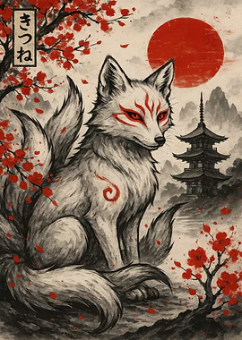 Nine-tailed Fox with Japanese Landscape
