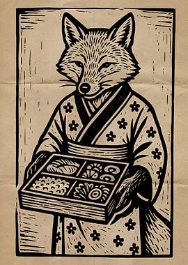 Fox in Kimono with Bento Box