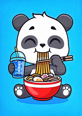 Cartoon Panda Eating Ramen and Boba
