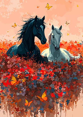 Horses in a field of flowers
