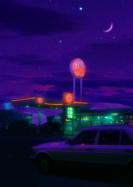 Neon Gas Station at Night