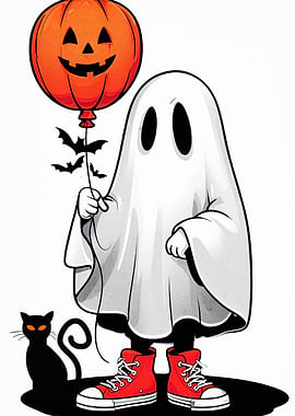Cute Halloween Ghost with Pumpkin Balloon