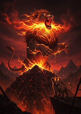 Fiery Lion and Cub Fantasy Art