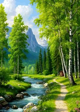 Lush Green Forest River Landscape Painting