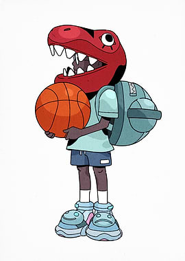 Dino-Masked Basketball Player Cartoon Illustration