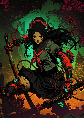 Cyberpunk Samurai Girl with Swords