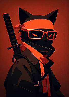 Ninja Cat with Katana and Glasses