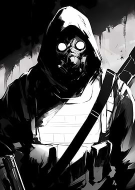 Hooded Figure with Gas Mask