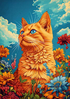 Orange Cat Floral Garden