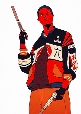 Red-skinned man with guns and jacket