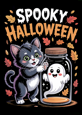 Spooky Halloween Cat and Ghost Illustration