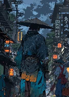 Rainy Japanese Street with Samurai