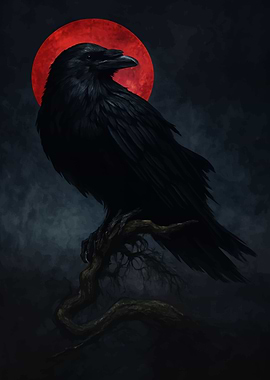 Raven Perched Under a Red Moon