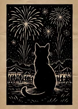 Cat Watching Fireworks Illustration