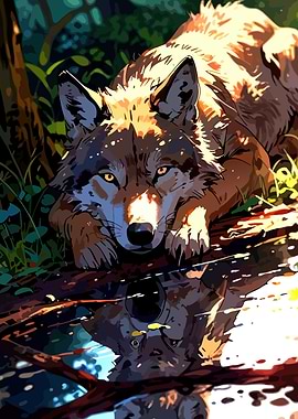 Wolf Reflection in Water Digital Art