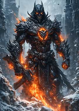 Fiery Dark Knight in Snowy Ruins