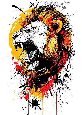 Roaring Lion Head with Paint Splatters