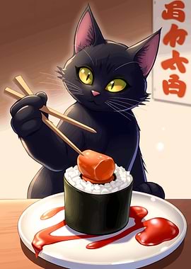 Black cat eating sushi with chopsticks