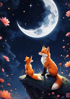 Foxes under the moonlit sky