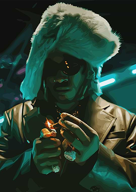 Man Lighting Cigar with Fur Hat